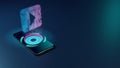 3D rendering neon holographic phone symbol of caret square right icon on dark background