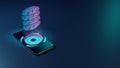 3D rendering neon holographic phone symbol of database 1 icon on dark background