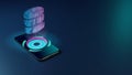 3D rendering neon holographic phone symbol of database icon on dark background