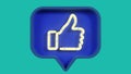 3d rendering of neon light thumb-up icon on blue pin, like symbol on color background, social network concept