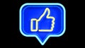 3d rendering of neon light thumb-up icon on blue pin, like symbol on color background, social network concept