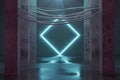 3d rendering of neon lighten rotated square shape in front of concrete pillars connected with cables Royalty Free Stock Photo