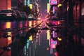 3D rendering of a neon mega city, where light reflections from puddles on the street lead towards towering buildings. Generative