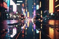 3D rendering of a neon mega city, where light reflections from puddles on the street lead towards towering buildings. Generative