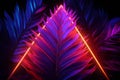 3D rendering Neon palms illuminate abstract shapes with vibrant radiance