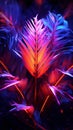 3D rendering Neon palms illuminate abstract shapes with vibrant radiance