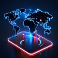 3d rendering of a neon world map on a smartphone with a red button AI generated