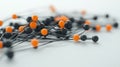 A 3D rendering of a network of black and orange spheres connected by thin black lines. Royalty Free Stock Photo