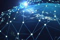3D rendering Network and data exchange over planet earth in space. Connection lines Around Earth Globe. Blue Sunrise