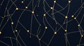 A 3D rendering of a network of gold lines and spheres against a dark blue background. Royalty Free Stock Photo