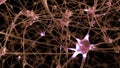 3D rendering of a network of neuron cells and synapses in the brain through which electrical impulses and discharges pass