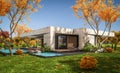 3d rendering of new concrete house in modern style in autumn day