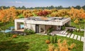 3d rendering of new concrete house in modern style in autumn day