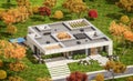 3d rendering of new concrete house in modern style in autumn day