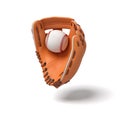 3d rendering of a new orange baseball mitt hanging on the white background with a white ball inside it. Royalty Free Stock Photo