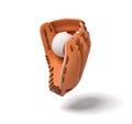 3d rendering of a new orange baseball mitt hanging on the white background with a white ball inside it. Royalty Free Stock Photo