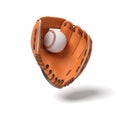 3d rendering of a new orange baseball mitt hanging on the white background with a white ball inside it. Royalty Free Stock Photo