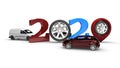3D rendering of 2020 new year date formed by numbers and pins of navigators instead of zeros. Wheels and car are complementary to