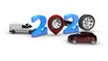 3D rendering of 2020 new year date formed by numbers and pins of navigators instead of zeros. Wheels and car are complementary to