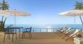 3d rendering nice beach furniture set with bench on wooden terrace near sea