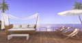 3d rendering nice beach rattan sofa with beach bed on terrace near sea with evening scene