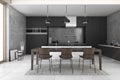 3d rendering nice modern black dining room and kitchen