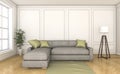 3d rendering nice wood floor with grey sofa