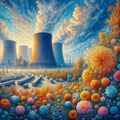 Nuclear power plant with blue sky and clouds. 3d rendering, generative ai Royalty Free Stock Photo