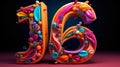 3d rendering of number 16. Colorful 3d font