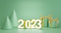 3d rendering 2023 number with green gift box, green cone on green background. concept happy new year 2023.