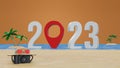 3d rendering. 2023 number on sand beach with blue sky and white clouds abstract background