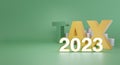 3d rendering. 2023 number with TAX text, silver coins stack on green background. tax in 2023 year concept.