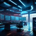 3D rendering of an office interior with a lot of monitors on the wall Generative AI