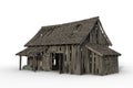 3D rendering of an old abandoned wooden barn with holes in the roof and walls isolated on a white background Royalty Free Stock Photo