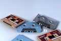 3d rendering Old audio tape compact cassette isolated on white background Retro cassette tape collection top view