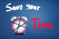 3d rendering of an old-fashioned alarm clock bound in chains and the title `Save your time` on a blue background.