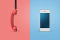 3d rendering of an old-fashioned telephone receiver on a pink background and of a modern mobile phone on a blue