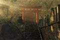 3d rendering of an old japanese shrine with red torii gate and stone lantern illuminated by sun beams