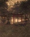 old japanese shrine with torii gate and stone lantern in the evening light