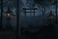 3d rendering of an old japanese shrine with torii gate and stone lantern at night Royalty Free Stock Photo