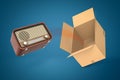 3d rendering of old radio set and empty cardboard box on blue background. Royalty Free Stock Photo