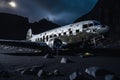 3D rendering of an old rusty aircraft in the desert at night, An abandoned airplane rests solemnly on a desolate black sand beach