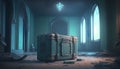 3D rendering of an old suitcase in the ruins of an abandoned church