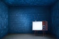3d rendering of old tv set with math formulas on dark blue walls background