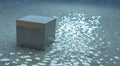 3D rendering. One large smooth cube isolated against a water ripple background with soft shadows and reflections
