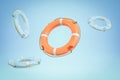 3d rendering of one orange and three blue lifebuoy rings on blue background