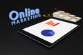 3D rendering : online marketing concept, computer tablet with a bar graph on screen and dollars money with red arrow grow up