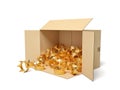 3d rendering of open cardboard box lying sidelong full of golden crowns.