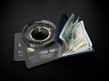 3d Rendering of Open Credit card with dollars banknotes and roulette, online casino concept, clipping path included.