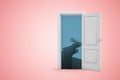 3d rendering of open door on pink gradient copyspace background with cold dark ice crevasse seen through door. Royalty Free Stock Photo